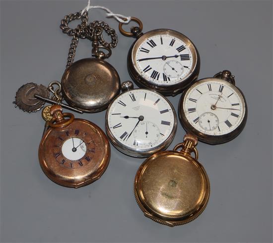 Six assorted pocket watches including silver pocket watch by Webster, London.